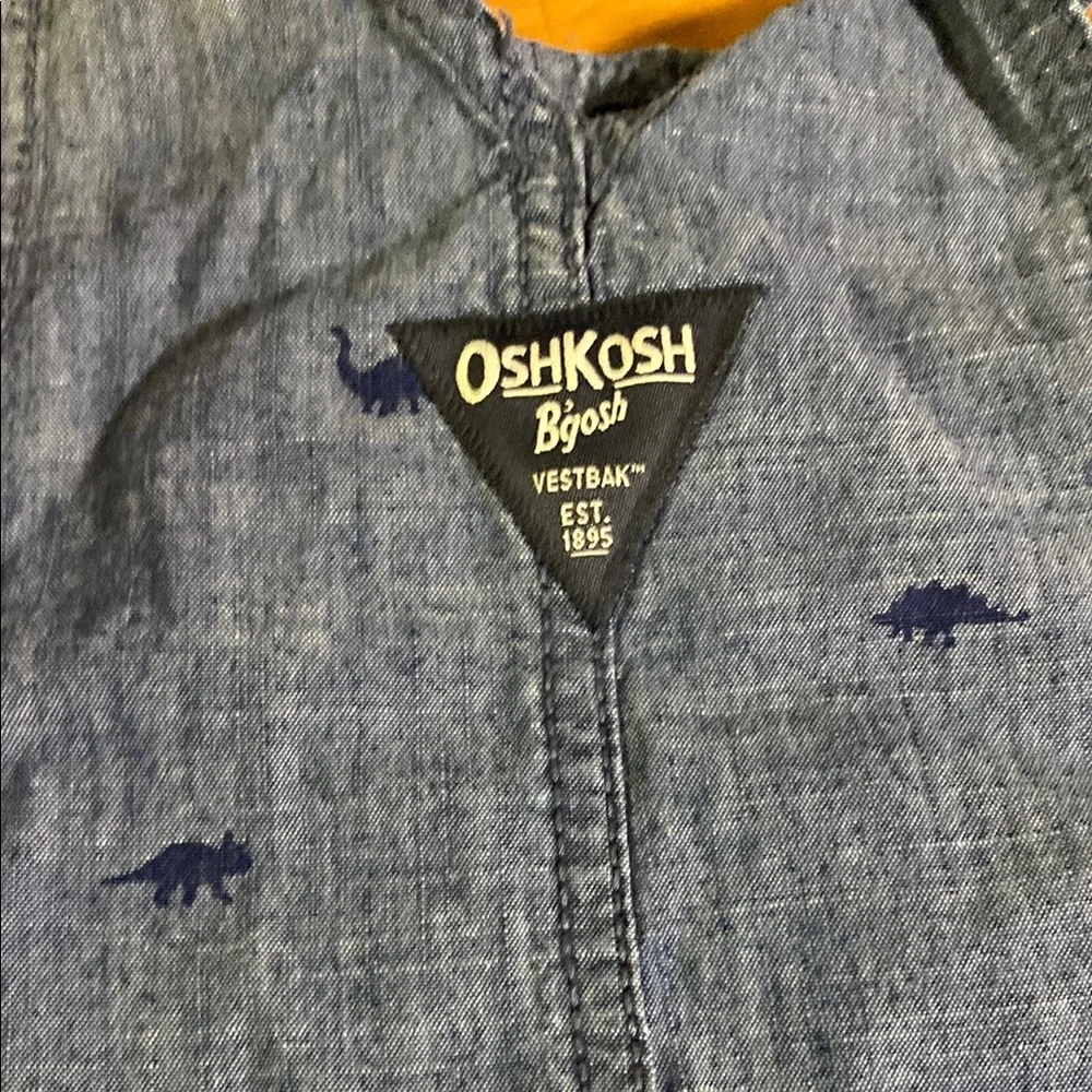 OshKosh B'gosh Classic Blue Denim Overalls with tiny dinosaurs wear long or roll